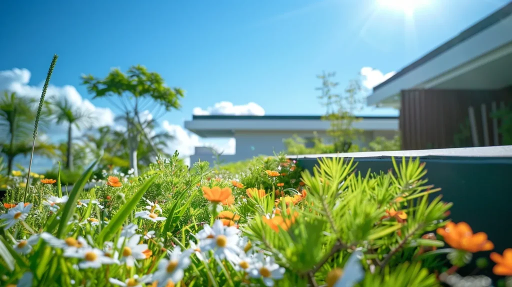 a vibrant, well-maintained rooftop surrounded by lush greenery under a clear blue sky, highlighting the essence of diligent roof care and seasonal upkeep.