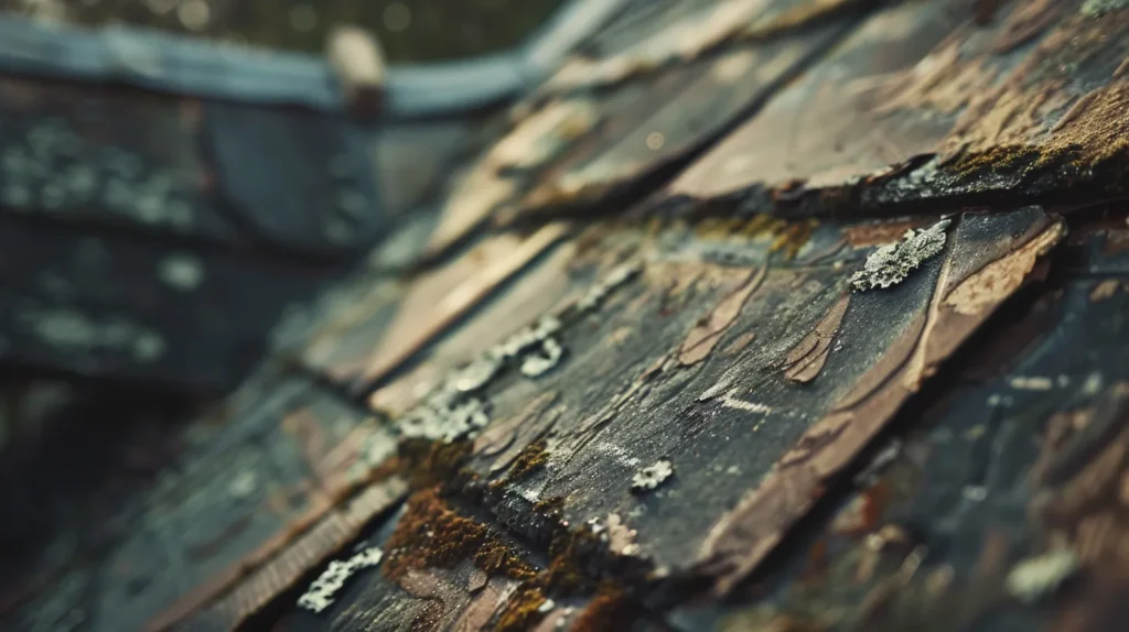 a close-up view of a weathered roof showcasing missing shingles and visible water stains on the ceilings below, illuminated by soft, natural light that emphasizes the urgency of necessary repairs.