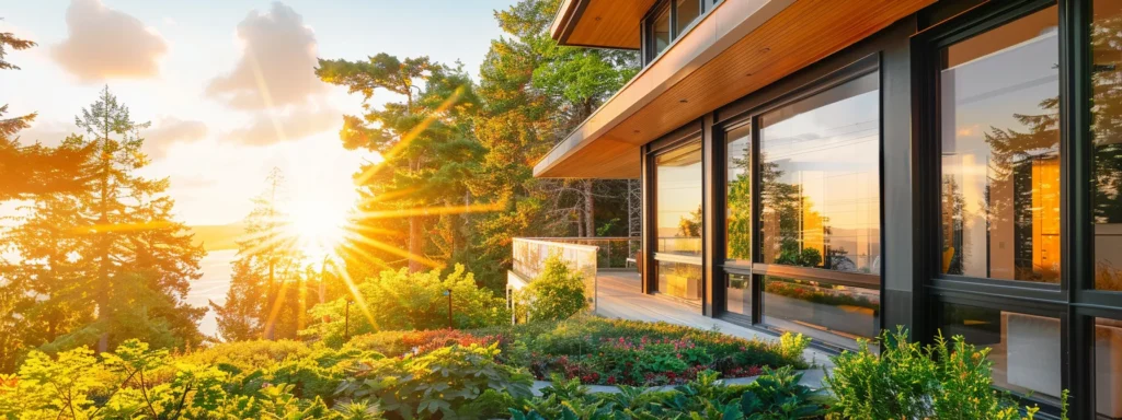 a beautifully designed modern home showcases sleek, energy-efficient replacement windows with vibrant greenery in the foreground, illuminated by soft, natural sunlight to emphasize their quality and innovative glass technologies.