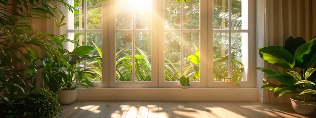 a bright and inviting interior showcases energy-efficient replacement windows, radiating natural light while framed by lush greenery, emphasizing the importance of expert installation for enhanced ventilation and conservation.