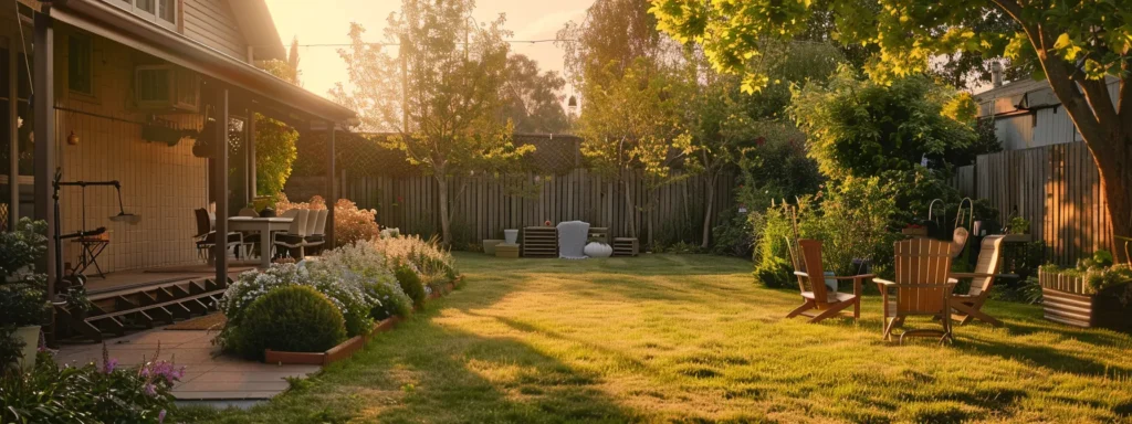 a meticulously organized backyard showcases vibrant landscaping and outdoor furniture covered for protection, set against the backdrop of a home ready for roof repair, under soft, warm afternoon lighting.
