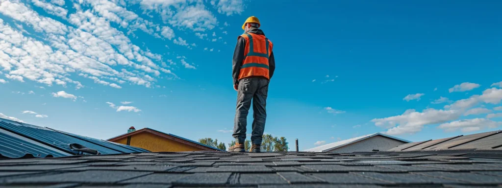 a professional roofing contractor examines a weathered rooftop under a clear blue sky, highlighting the importance of thorough inspections and consultations for effective repair and replacement services.