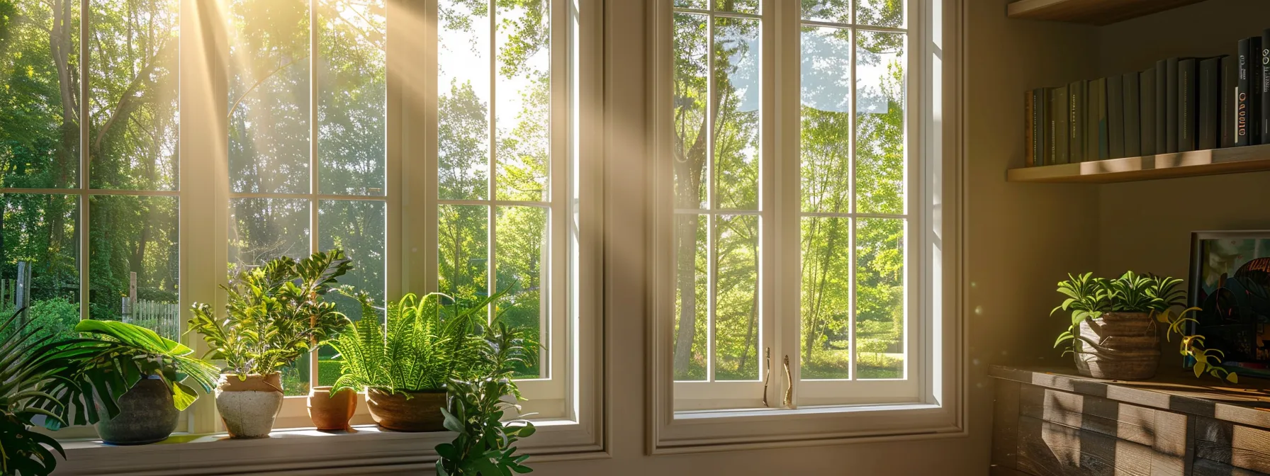 a sunlit springfield home showcases elegant replacement windows, reflecting vibrant greenery and enhancing the inviting exterior with a warm, modern charm.