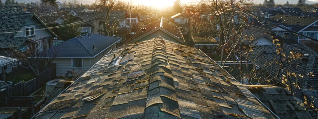 a weathered rooftop overlooking a suburban neighborhood, glistening under the bright sun, highlights contrasting sections of new and old shingles, symbolizing the critical decision between repair and replacement.