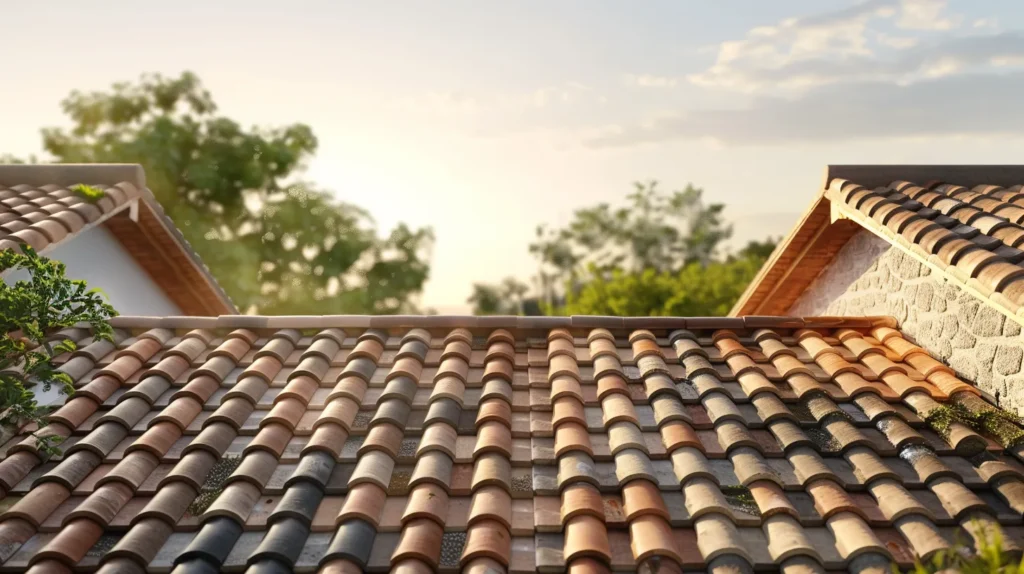 a visually striking rooftop scene showcasing a variety of roofing materials—glossy metal, textured tiles, and classic asphalt shingles—bathed in warm sunlight, with vibrant greenery and a clear blue sky in the background to symbolize the diverse options available for homeowners.