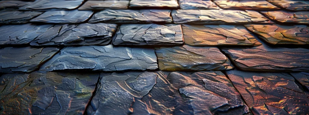 a close-up shot of a well-maintained slate roof glistening after rainfall, showcasing meticulous flashing and vibrant paint, illuminated by soft morning light to highlight its sturdy structure and longevity.