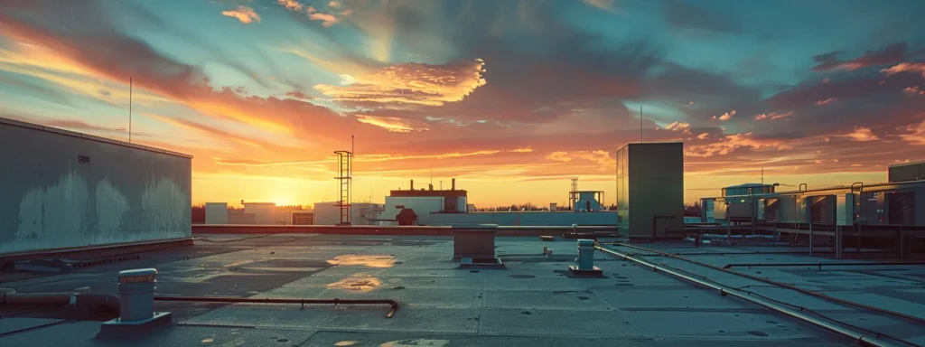 a dramatic rooftop scene at sunset showcases the intricate details of flashing and steel components, emphasizing the importance of maintenance to ensure the roof's longevity against fierce winds and weather elements.