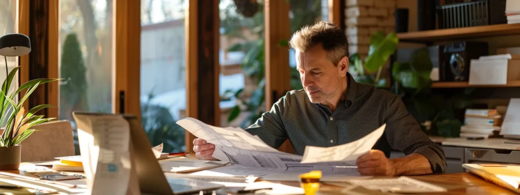 a focused contractor reviews detailed project plans and timelines for vinyl siding replacement in a modern, well-lit home office, surrounded by samples and renovation materials.