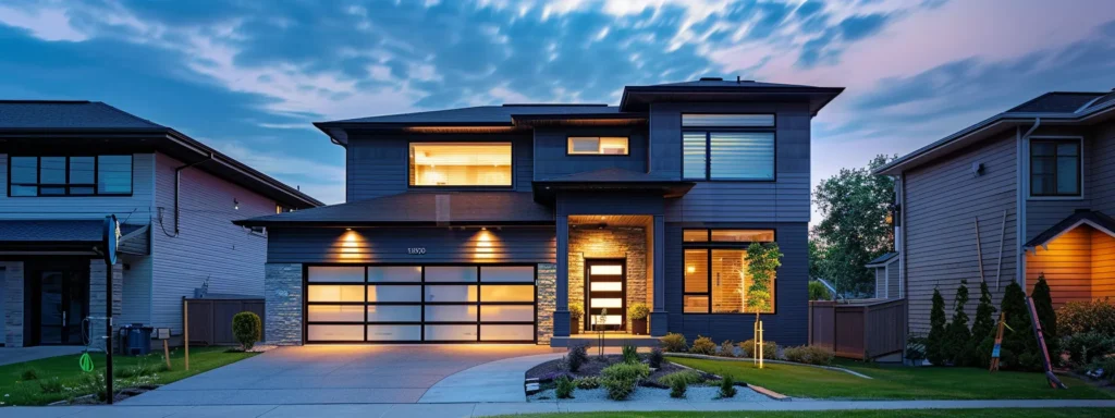 a modern suburban home featuring sleek, stylish vinyl siding in an array of contemporary colors, illuminated under bright artificial lighting to highlight its pristine finish and architectural details, set against a backdrop of a bustling urban neighborhood.