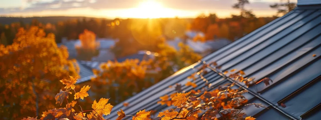 a picturesque rooftop scene showcases a blend of metal and wood roofs shimmering under the soft golden light of a setting sun, highlighting the importance of seasonal maintenance as the vibrant autumn leaves swirl gently in the breeze.