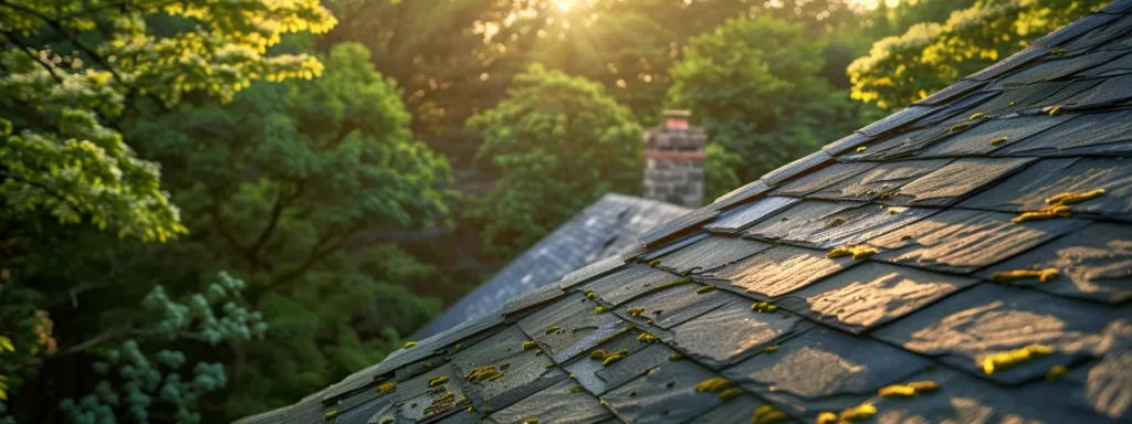 a vibrant, sunlit rooftop scene showcasing a well-maintained slate roof surrounded by carefully trimmed trees, highlighting the importance of proper roof ventilation and maintenance to prevent damage.