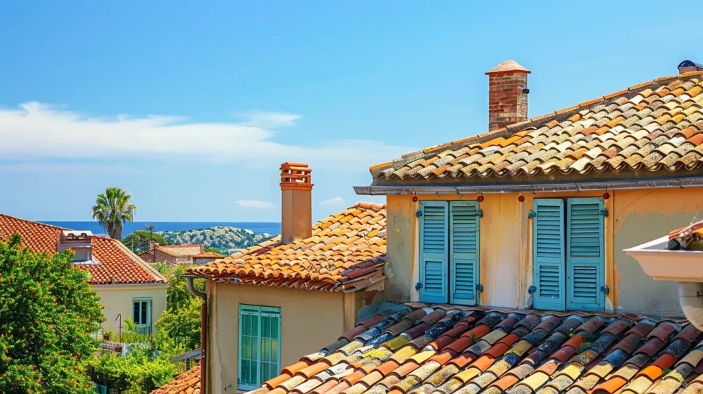 a vibrant scene of a well-maintained roof showcases a mix of tile and terracotta surfaces under a clear blue sky, emphasizing the beauty of diligent upkeep against the backdrop of a cozy suburban home.