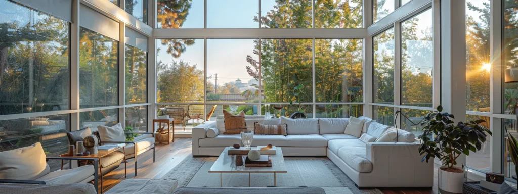 a beautifully designed cathedral sunroom featuring expansive, sleek glass walls that flood the space with natural light, set against a modern urban backdrop, highlighting its potential to elevate home value and enhance wellness.