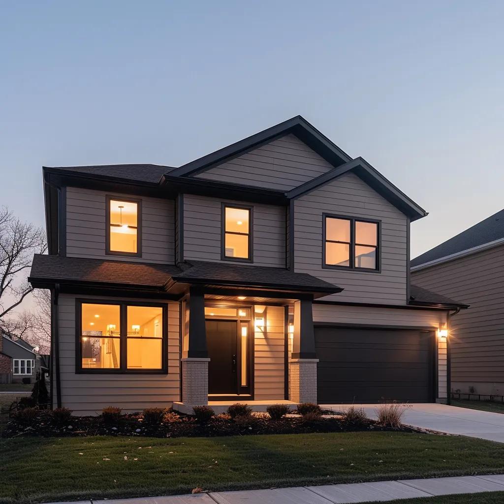 a modern central illinois home showcasing vibrant vinyl siding in a sleek residential neighborhood, illuminated by warm evening light, emphasizing its stylish durability and aesthetic appeal.