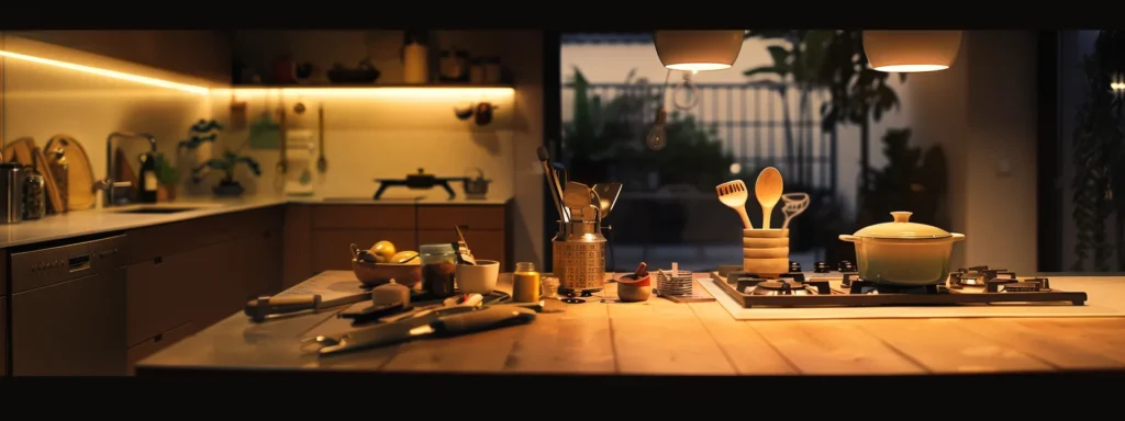 a modern kitchen under warm artificial lighting, showcasing a sleek design with tools and materials neatly arranged, signifying the strategic planning phase of a renovation project.