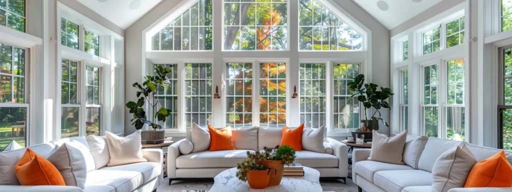 a modern living room featuring an elegant sunroom, showcasing distinct architectural styles of a cathedral and studio design, with sleek furnishings and large glass windows that illuminate the space with a warm, inviting atmosphere.