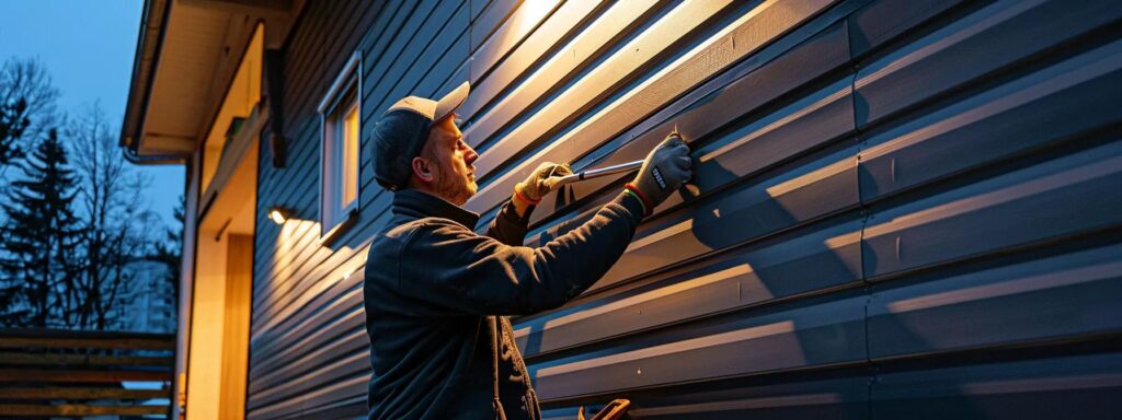a professional contractor expertly installs sleek, modern vinyl siding on a contemporary home, showcasing precision tools and meticulous alignment under bright artificial lighting within a clean, organized construction site.