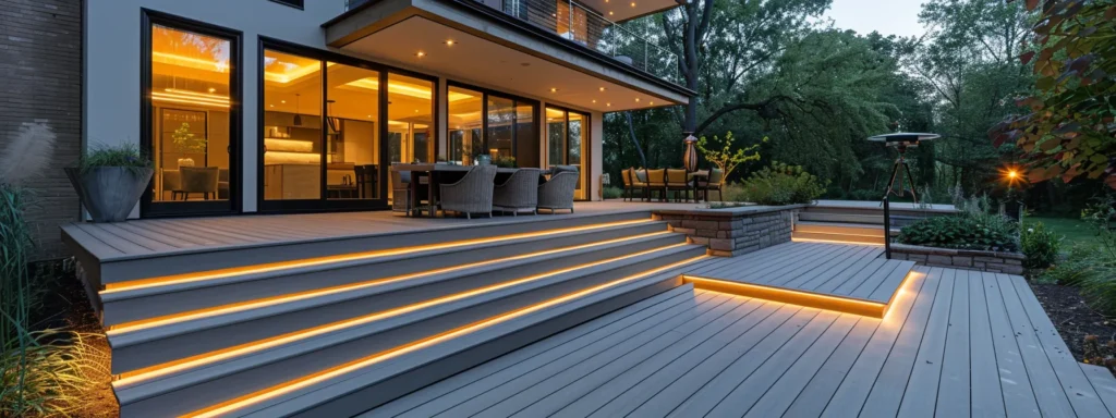 a sleek, modern outdoor deck seamlessly integrates with a contemporary home, showcasing the durability and elegance of composite materials under warm evening lights, emphasizing the allure of investing in quality outdoor living spaces.