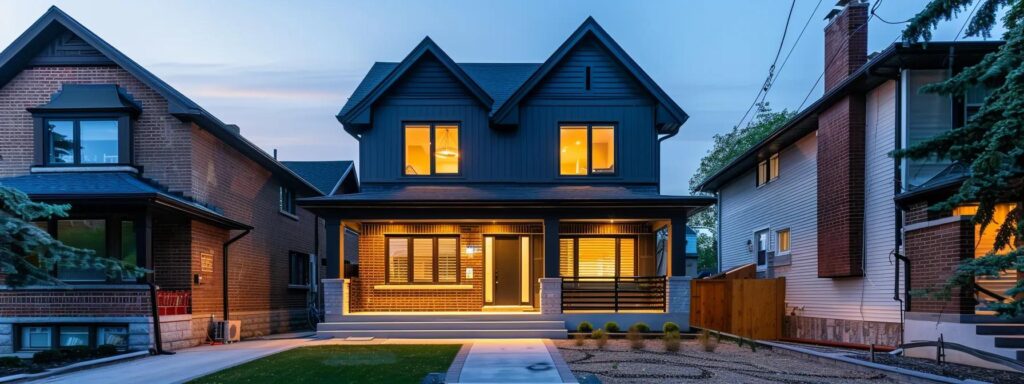 a sleek urban home featuring vibrant vinyl siding, showcasing its low-maintenance elegance and superior durability against neighboring traditional brick and wood exteriors under bright, artificial lighting.