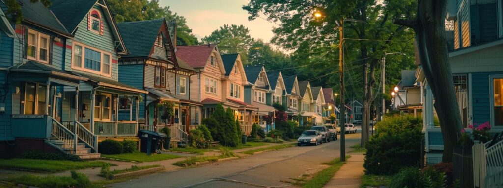 a vibrant suburban street showcases a row of elegant homes clad in diverse vinyl siding colors and textures, each reflecting unique architectural styles, under the warm glow of late afternoon sunlight.