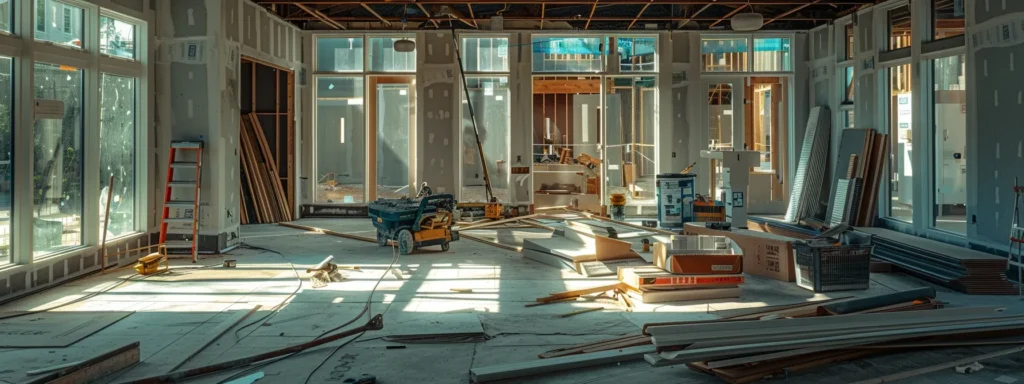 a well-organized construction site showcases professional contractors meticulously assembling a modern cathedral sunroom, surrounded by tools and materials, under bright artificial lighting that highlights the project's architectural details.