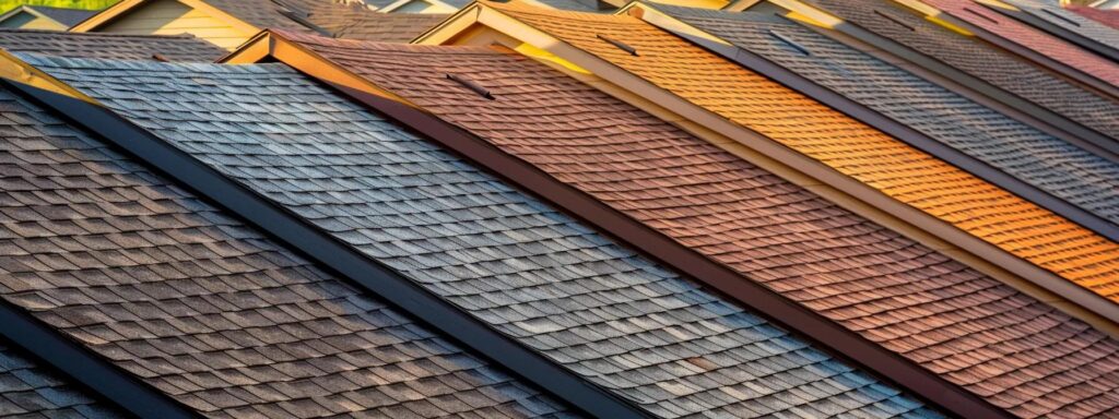 a dynamic urban rooftop scene showcases a variety of gaf asphalt shingles in diverse colors and textures, skillfully arranged to reflect the architectural beauty of illinois homes under dramatic studio lighting.