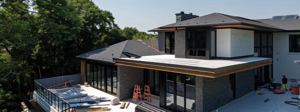 a meticulously organized roofing job site showcases a team of skilled professionals installing gaf asphalt shingles on a modern residential roof, with tools and materials artfully displayed amid a clear blue sky backdrop.