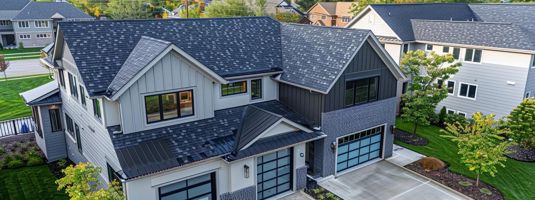a modern central illinois home showcases a striking roof adorned with gaf asphalt shingles, capturing the sleek lines and textured patterns under bright artificial lighting against an urban backdrop.
