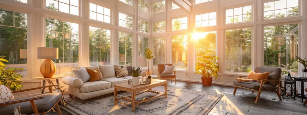 a modern home interior featuring a stunning sunroom showcasing distinct design styles—cathedral ceilings, sleek studio lines, and a cozy porch conversion—illuminated by soft, warm lighting that accentuates the elegant furnishings and inviting atmosphere.