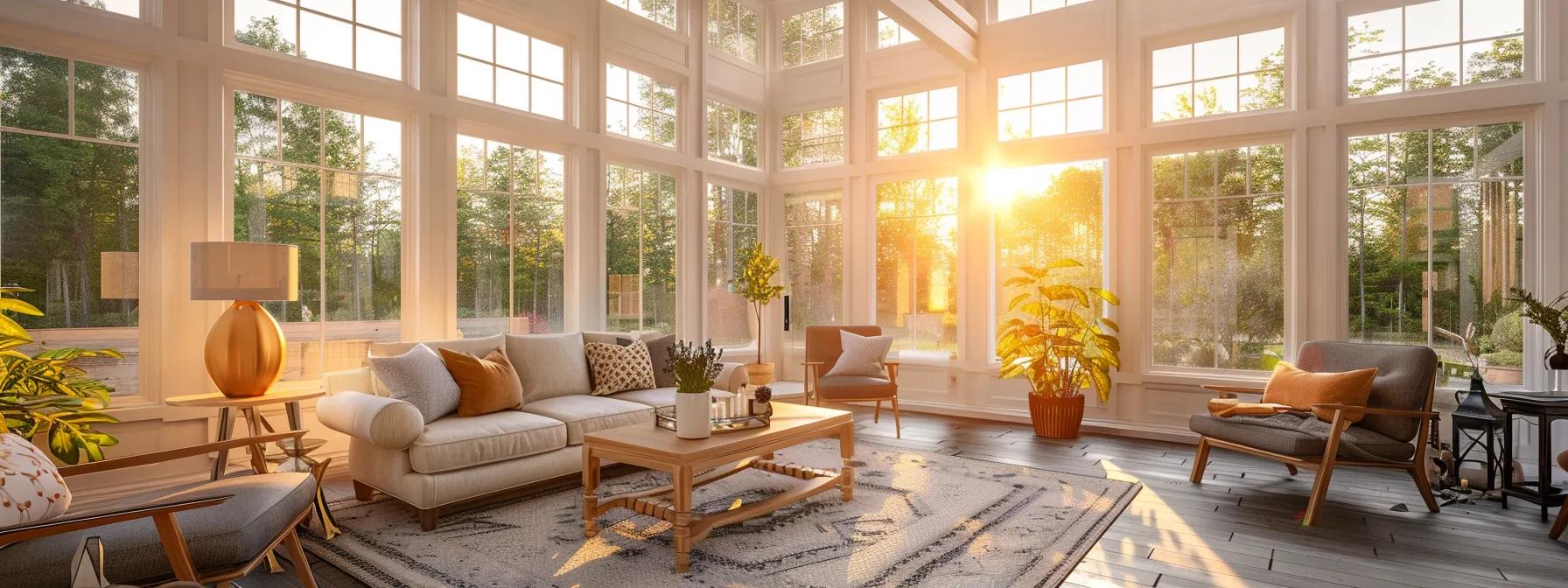 a modern home interior featuring a stunning sunroom showcasing distinct design styles—cathedral ceilings, sleek studio lines, and a cozy porch conversion—illuminated by soft, warm lighting that accentuates the elegant furnishings and inviting atmosphere.