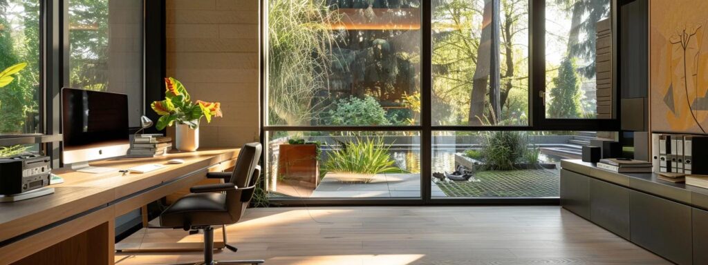 a modern home office adorned with a sleek budget-friendly sunroom design showcases large energy-efficient windows, allowing a warm glow to illuminate a stylish yet cost-effective interior, highlighting creative financial planning materials laid out on a sophisticated desk.
