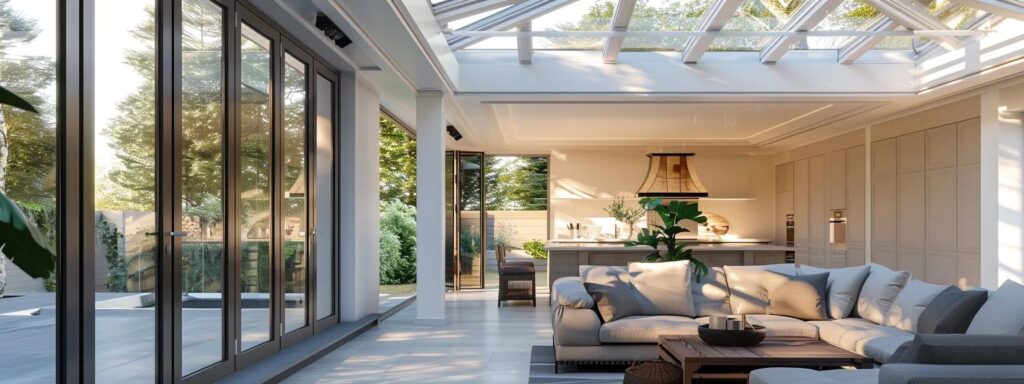 a modern, stylish sunroom under soft indoor lighting showcases a variety of high-quality, energy-efficient materials like sleek glass panels and contemporary framing, emphasizing the essence of sustainable design and architectural integrity.