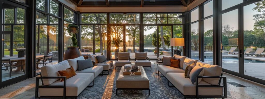 a modern sunroom elegantly designed for social gatherings, featuring spacious seating arrangements, warm lighting, and large windows showcasing a seamless connection to the outdoors, creating an inviting and vibrant atmosphere.