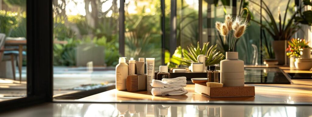 a sleek, modern sunroom with polished glass walls, showcasing meticulously organized maintenance tools like a soft-bristle brush and cleaning solutions on a stylish table, conveying a sense of care and longevity in a well-lit indoor setting.