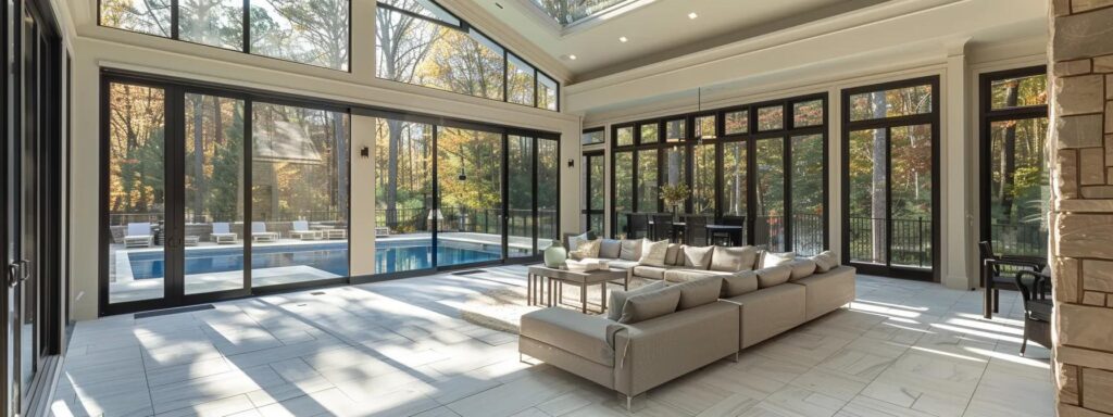 a sleek, modern sunroom with expansive glass walls showcases a sophisticated blend of traditional and contemporary design elements, emphasizing its role as a vibrant entertainment space that seamlessly connects indoor comfort with style.