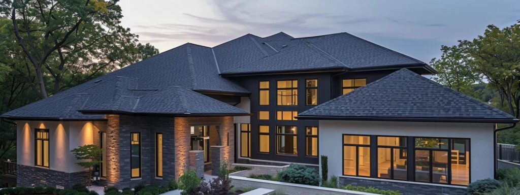 a well-lit modern illinois home showcases a striking roof adorned with gaf asphalt shingles, complemented by vibrant customer review testimonials displayed elegantly on sleek digital screens in a contemporary office setting.