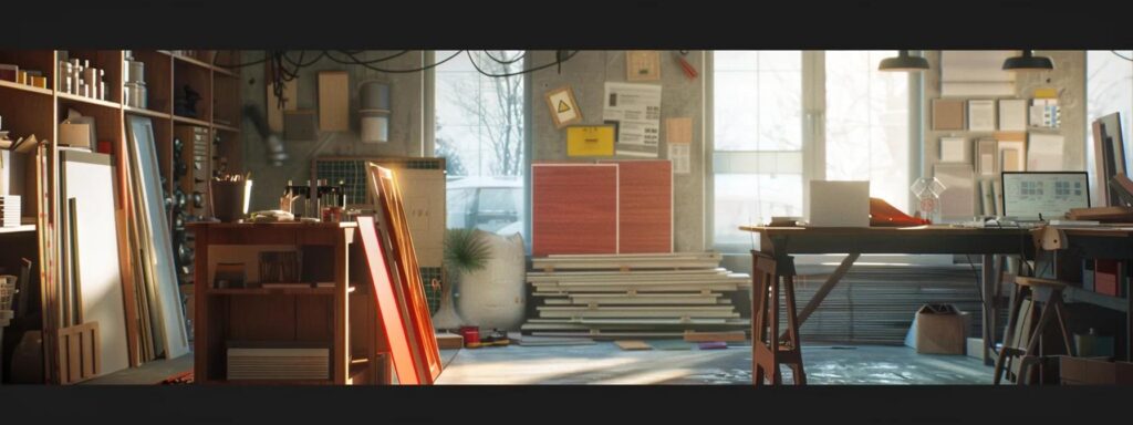 a modern construction office, bustling with activity, showcases an expert examining vibrant vinyl siding samples against a backdrop of tools and repair materials, highlighting the focus on repair and replacement solutions.
