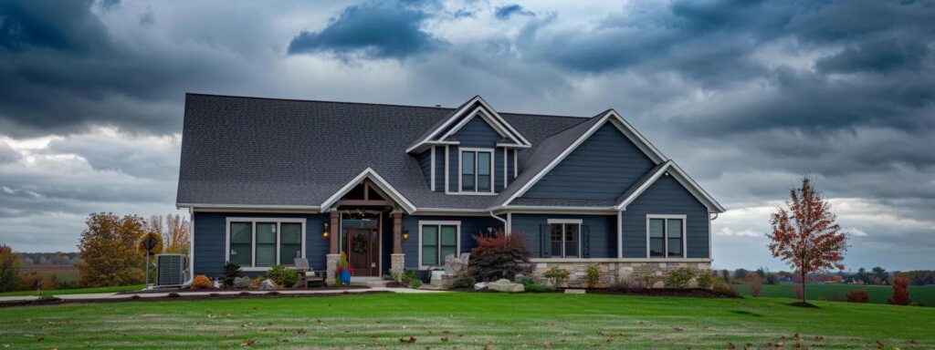 a modern suburban home in central illinois, showcasing vibrant, durable vinyl siding that contrasts sharply with a dramatic, overcast sky, symbolizing resilience against harsh weather.