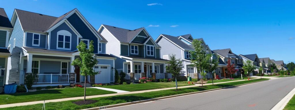 a vibrant suburban neighborhood showcases a freshly installed, sleek vinyl siding home façade, reflecting the modern aesthetic and durability that appeals to homeowners in central illinois, with clear blue skies highlighting the clean lines and inviting atmosphere.